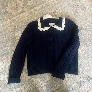 Jessica Simpson Navy Cable-Knit Cardigan with Cream Lace Collar